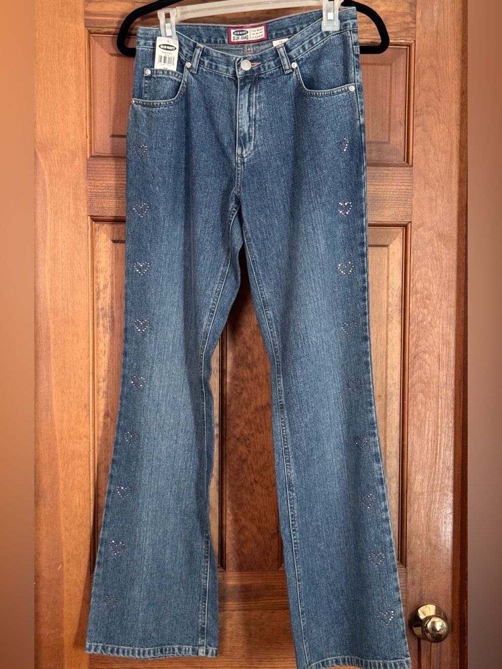 Old Navy NWT Girls Size 16 Embellished Bell Bottom Cotton Jeans Pink Hearts